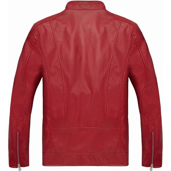 🆕Men's Red  Stand Collar Leather Motorcycle Lightweight Faux Leather Jacket - Picture 2 of 6
